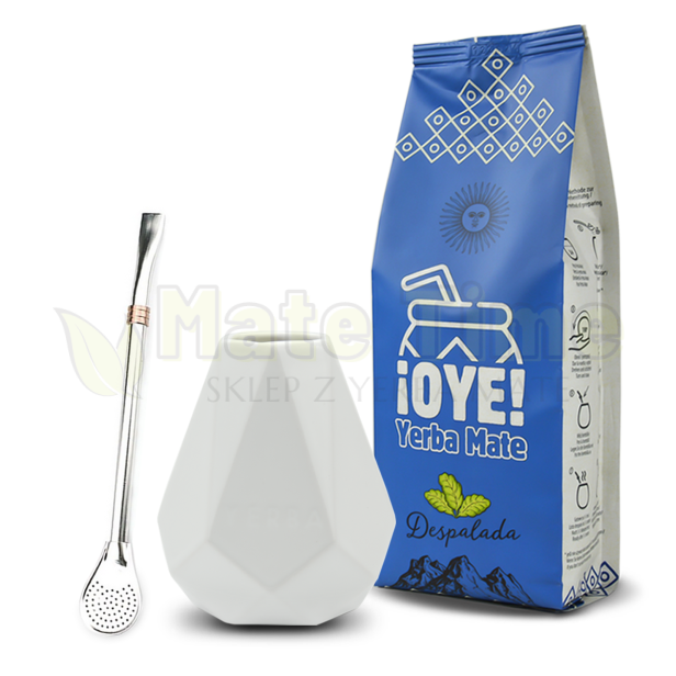 w zestawie yerba mate OYE Despalada 400g, matero Diament Biały i bombilla Fuego inox 19cm