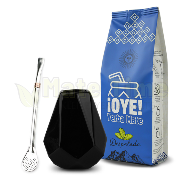 w zestawie yerba mate OYE Despalada 400g, matero Diament Czarny i bombilla Fuego inox 19cm