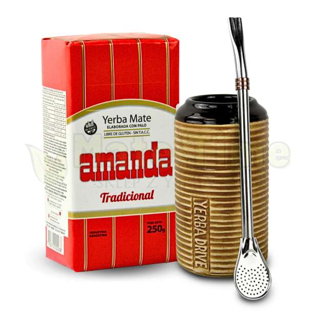 Zestaw yerba mate Amanda Klasyczna 250g matero Drive i Bombilla Fuego